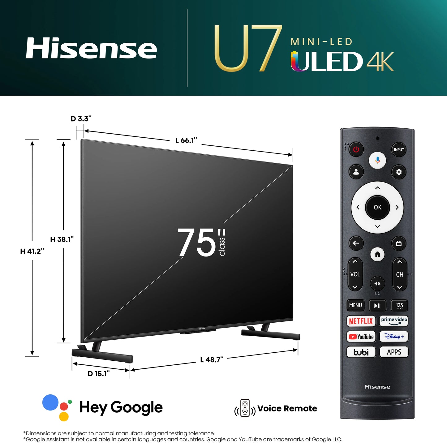 PANTALLA Hisense 75" Class U7 Series Mini-LED ULED 4K Google TV